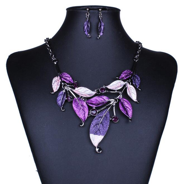 blingbling Hot style Jewelry Earrings Sets Leaf shape color drip diamond necklace set multi-color Delicate decoration