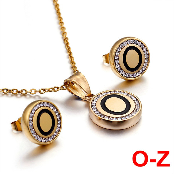 Wholesale Gold Silver Stainless Steel O-Z Letter Alphabet Pendant Necklace & Earrings For Women combination Initial Charm Female Jewelry