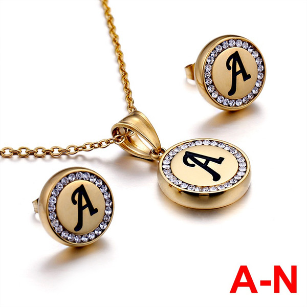 Wholesale Gold Silver Stainless Steel A-N Letter Alphabet Pendant Necklace & Earrings For Women combination Initial Charm Female Jewelry