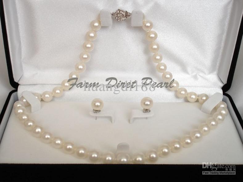 New Fine Pearl Jewelry Genuine ROUND 9-10mm White Pearls Necklace 2pc Set 18