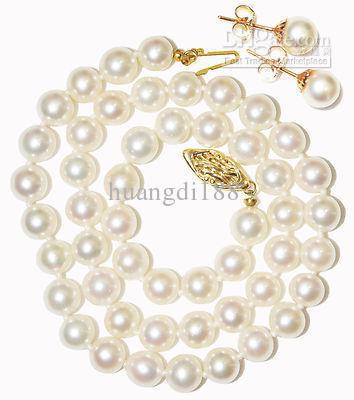 new fine pearl jewelry CLASSIC AUSTRALIA SOUTH SEA 9-10MM WHITE PEARLS NECKLACE EARRING 14KG