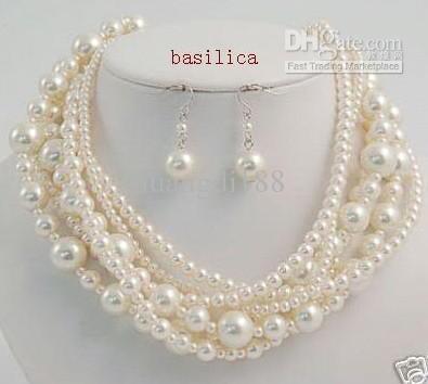 new fine 100% natural 6row South sea white pearl necklace earring