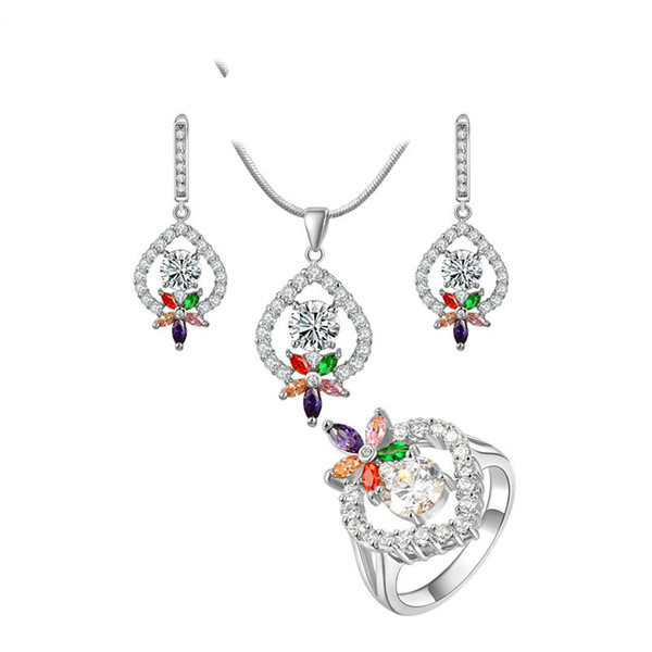 Platinum Blossom Pendant Necklace Earrings Ring Austrian Crystals Jewelry Set Three Piece Outfit Fashion Ring Wholesale Charms Beads Ring