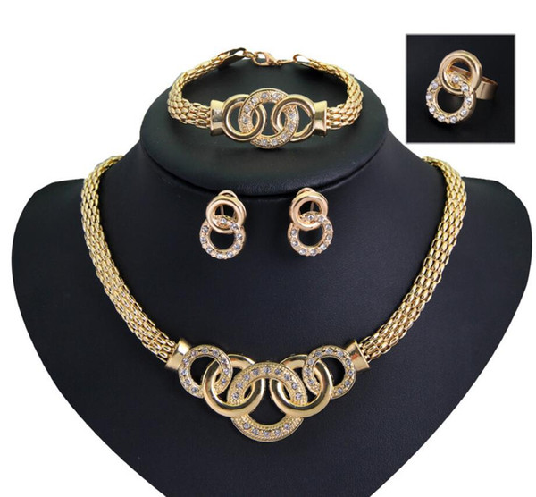 Bracelets Necklaces Earrings Rings Sets Women Fashion Rhinestone 18K Gold Plated Alloy Circles Party Jewelry 4-Piece Set Wholesale