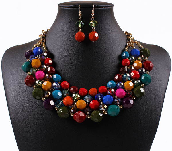 Bohemia Vintage Ethnic Style Exaggerated Diamond Multi-color Ball Necklace and Fish Hook Earrings Set Necklace Jewelry Set