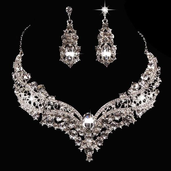 Women Delicate Necklace + Earrings Crystal Wedding Party Bride Necklaces Earring Jewelry 401