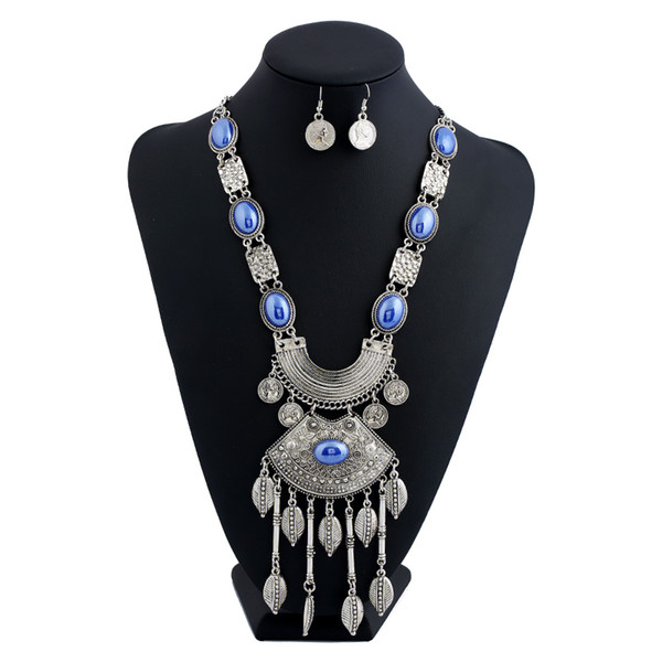 Statement Unique Hyperbole Royal Retro Gem Long Fringed Necklace For Women 7 Colors Alloy Leaf Tassel Pendants