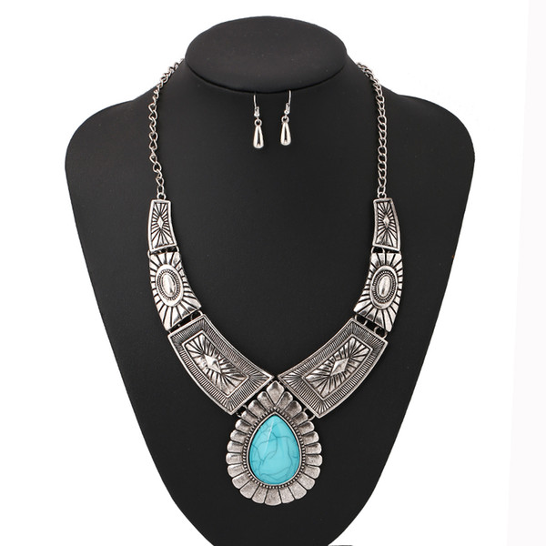 Blue Turquoise Vintage Jewelry Sets Silver Big Choker Necklace Drop Earrings for Women Bohemian Jewelry Set