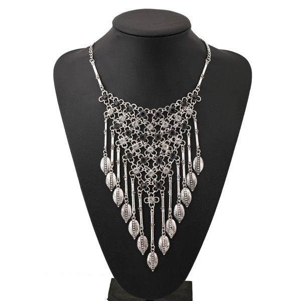 Long Necklaces Silver Net Diamante Necklace Trendy Zinc Alloy Statement Pendant Fashion Leaves Trim Earrings Women Fine Jewelry Set