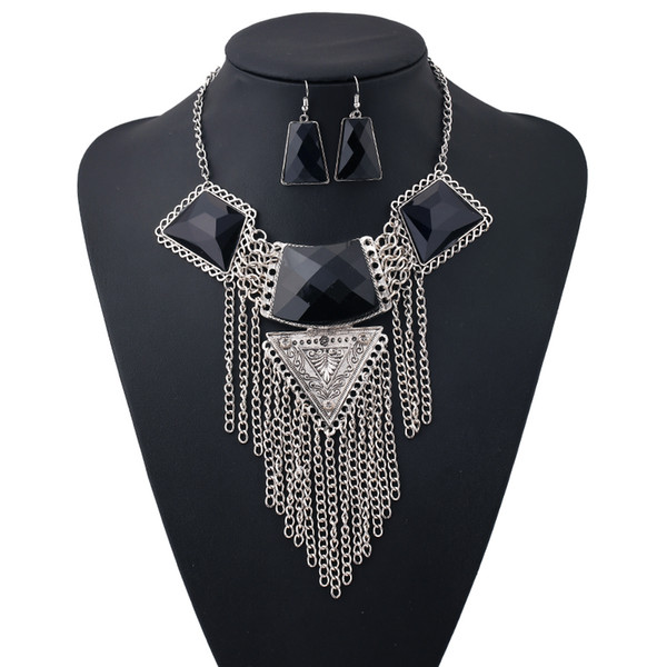 Vintage alloy tassel necklace earrings resin beaded chokers women 2017 geometric long chain pendant Women Fine Jewelry