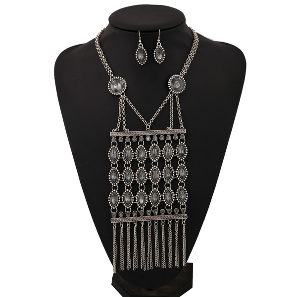 2017 Crystal Statement Multilayer Acrylic Necklace Women Fashion Alloy Long Tassel Fringe Pendants Lady Fashion Jewelry Set