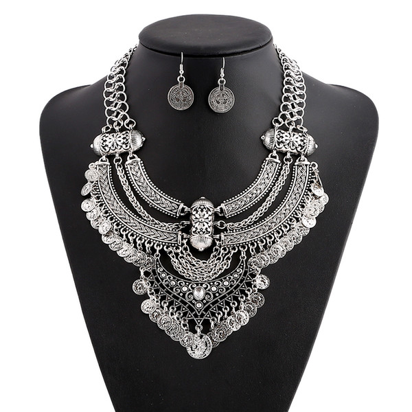 Hot sales metal texture carved tassel necklace coins pendant women clavicular jewelry retro choker drop tassel jewerly sets