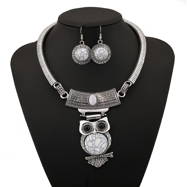 Brand New Vintage Tibetan Choker Silver Plated Turquoise Owl Pendants Boho Chunky Statement Necklace Earrings Woman Fashion Accessory