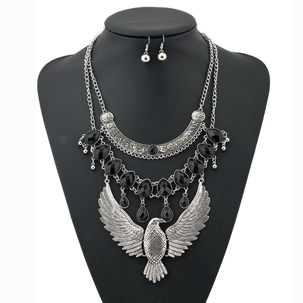 New Fashion Vintage Metal Antique Gold Silver Carved Eagle Choker Necklaces multilevel Pendants Eagle Necklaces Earrings Women Fine Jewelry