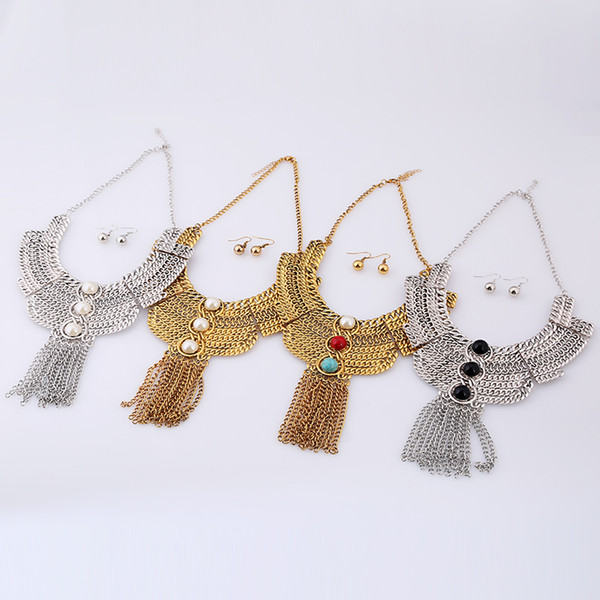 Gold Chain Long Fringe Metal Tassel Necklace 3 Colors Diamante Pendant 2017 New Brand Fashion Earrings Jewelry Set For Women