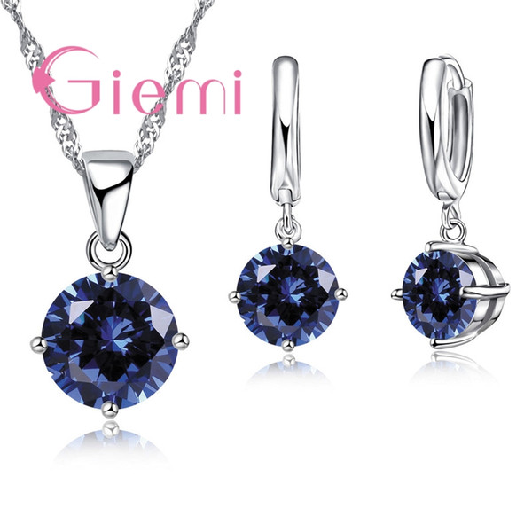 Hot Sale 8 Colors Crystal Pendant Necklace Earrings Set 925 Sterling Silver Elegant Jewelry Set Women Valentine Gifts