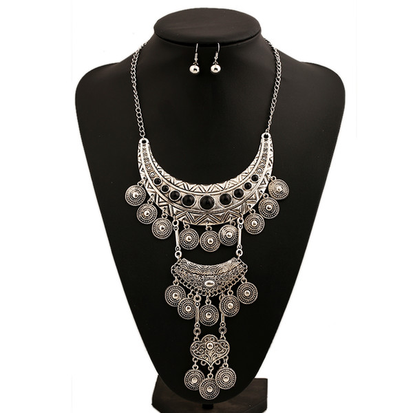 Gypsy Bohemian Beachy Chic Coin Statement Necklace Boho Festival Silver Fringe Pendant Bib Coin Ethnic Jewelry Set Turkish India Style