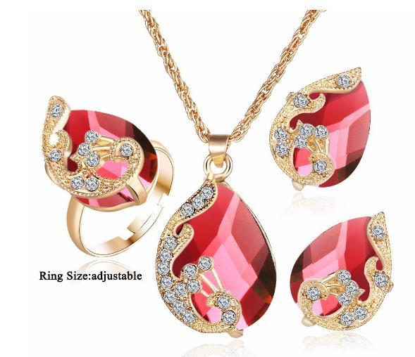 Necklace earrings ring suit women wholesale gold plated Austrian crystal droplets peacock three-piece suit a pendant