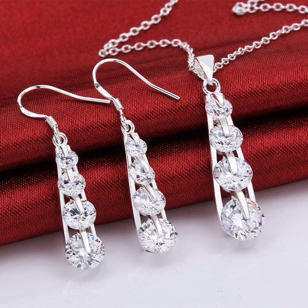 High Quality 925 Sterling Silver AAA Round Zircon Crystal Necklace+Earrings Jewelry set