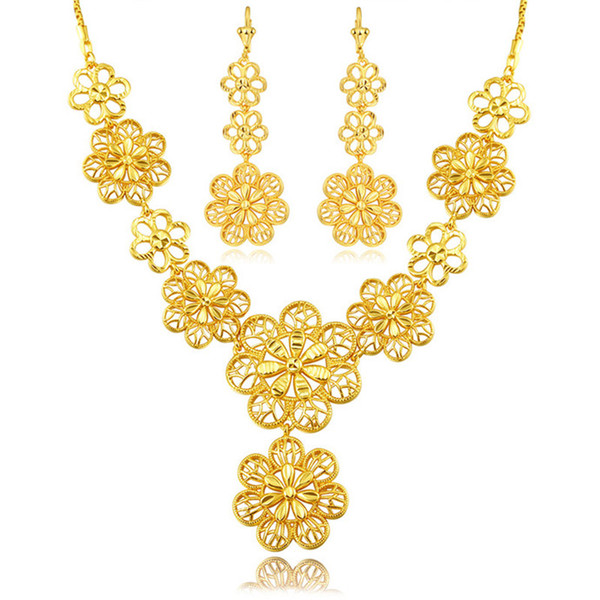 NAKELULU Flower Jewelry Set Wholesale New Gold Color Vintage Party Long Earrings Charms Necklace Set For Women