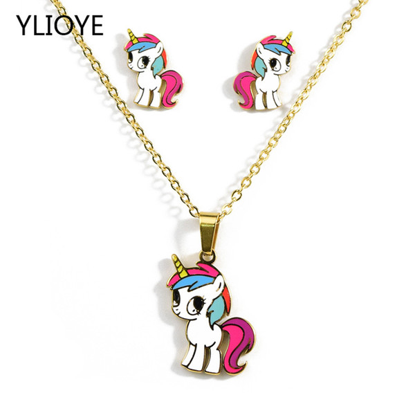 Cartoon Cute Pink Horse/Unicorn/yellow duck/dog/panda/lion/KT cat Gold Color Necklaces earring Fashion Jewelry Set Kids Gift