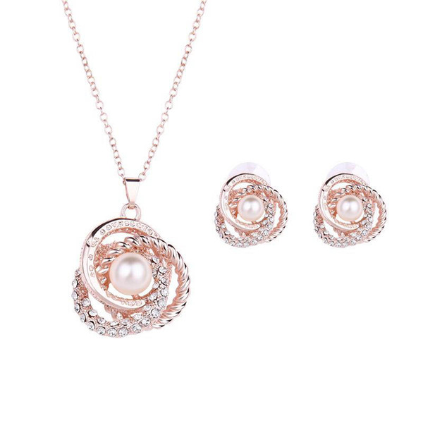 Trendy Flower Rose Gold Jewelry Sets Pendant Necklace & Earring Big Pearl Pendant Earrings For Women Gift