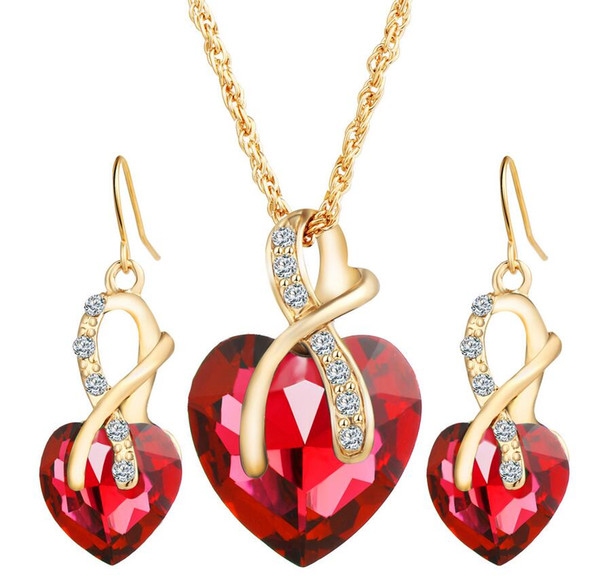 Crystal zircon earrings necklace fashion wedding heart-shaped jewelry set Gold Chain Necklace for Women best gift free ship