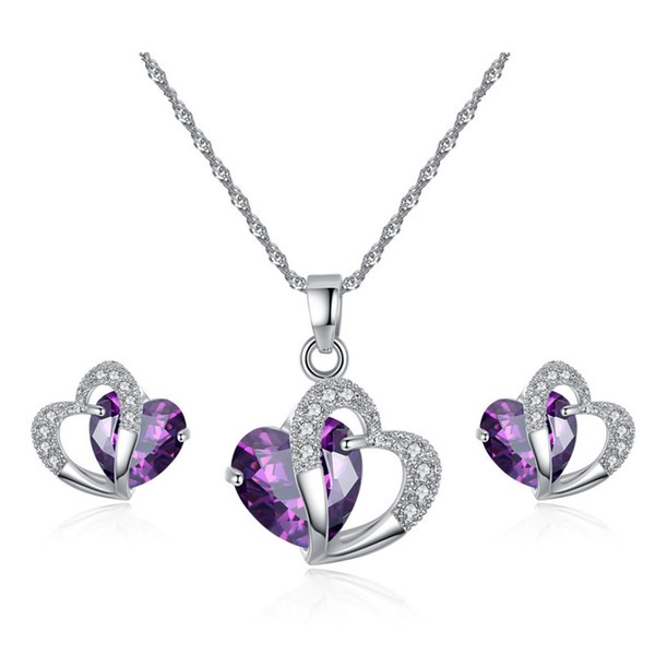 Luxury CZ Diamond Heart Stud Earring Necklace Jewelry Set 18K White Gold Silver Chain Necklaces For Women Fashion Wedding Jewelry Sets