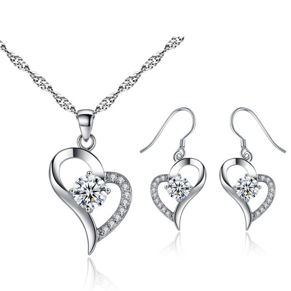 CZ Gemstone Heart Drop Earring Necklace Jewelry Set 18K White Gold Silver Necklace Sets For Women Fashion Bridal Jewelry Set Dropshipping