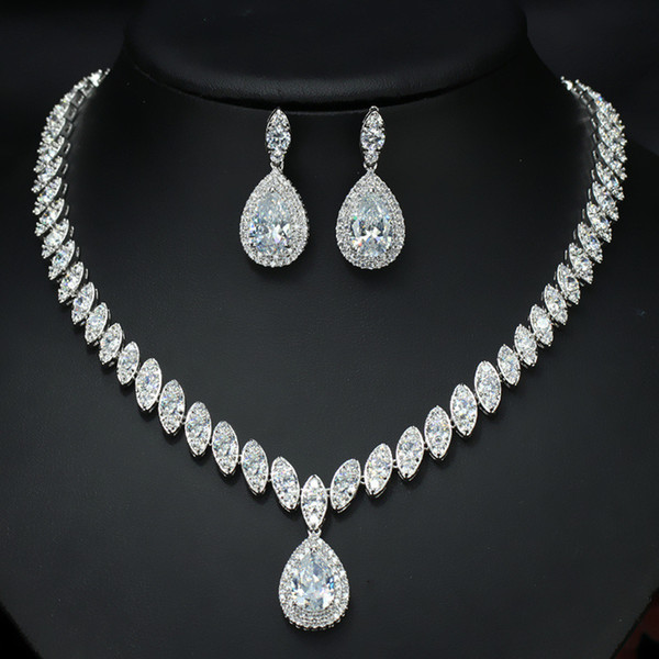 Crystal Bridal Jewelry Set Bridesmaid Gifts CZ Wedding Earrings Bridal Necklace Evening Prom Marquise Earrings Set Silver Red Green Blue