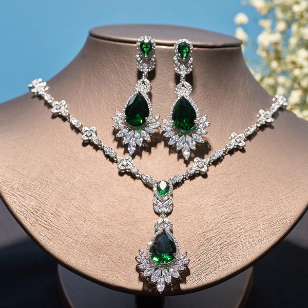 Bridal Jewelry Set Chandelier Earrings Crystal Necklace CZ Silver Dark Green Royal Blue Marquise Jewelry Evening Prom Bridesmaid Gift Set