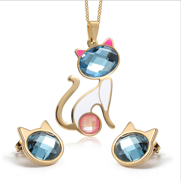 Necklace + Earrings Jewelry Sets Crystal Cat Jewelry Sets For Women Fashion Stainless Steel Gold Pendants Wholesale S-073