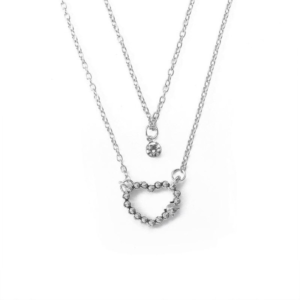 Heart Necklaces Korean Jewelry Ladies Double Heart Shiny Rhinestone Necklace Sweater Clavicle Chain Necklace