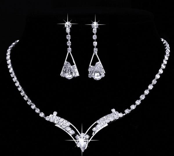 Women Sparkling V Shaped Rhinestone Crystal Necklace Earrings Charm Wedding Jewelry Set Fashion Bridal Jewelry Set