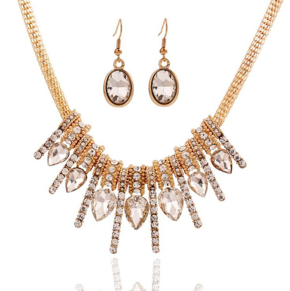 European and American Crystal Glass Necklace Korean Version Jewelry Long Jewelry-inlaid Sweater Chain Necklace Earrings Set