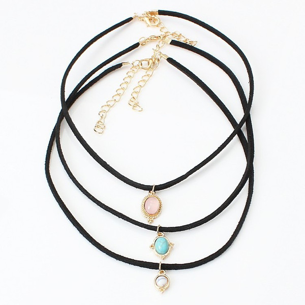 Multilayer Short Necklaces For Wom 2018 New Design 3 Layers Black Leather Rope Colorful Oval Beaded Pendants Choker Necklaces