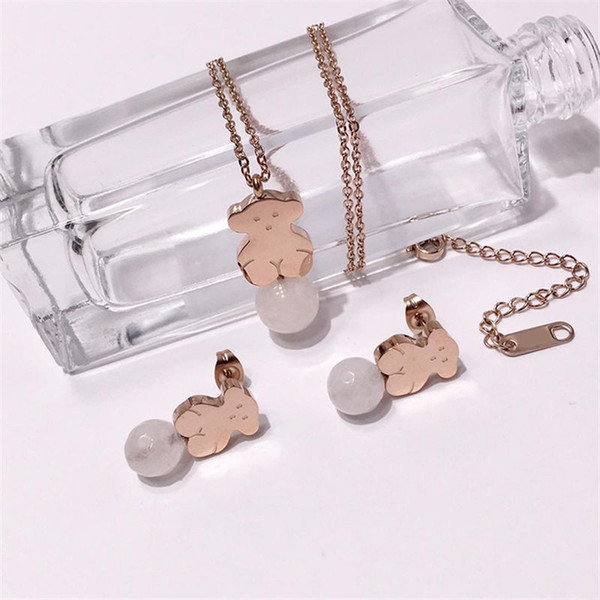 Fashion Cartoon Bear Necklaces Animal Stud Earrings Newest Luxury Bear Pendant Necklaces Earrings Sets Women Gold Silver Rose Jewelry Sets