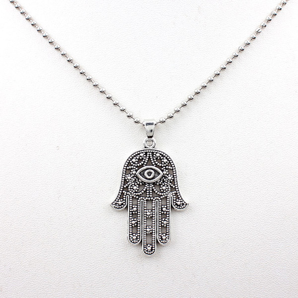 1pc 2015 Good Luck Protection Hamsa Symbol Fatima Hand Evil Eye silver Pendant beads Chain Necklace vintage necklace