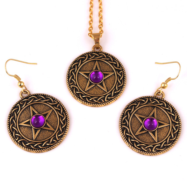 Fashion Gold Color Knot PENTACLE Pendant Solid Background Pentagram Rhinestone Choice Necklace Earring Set Jewelry