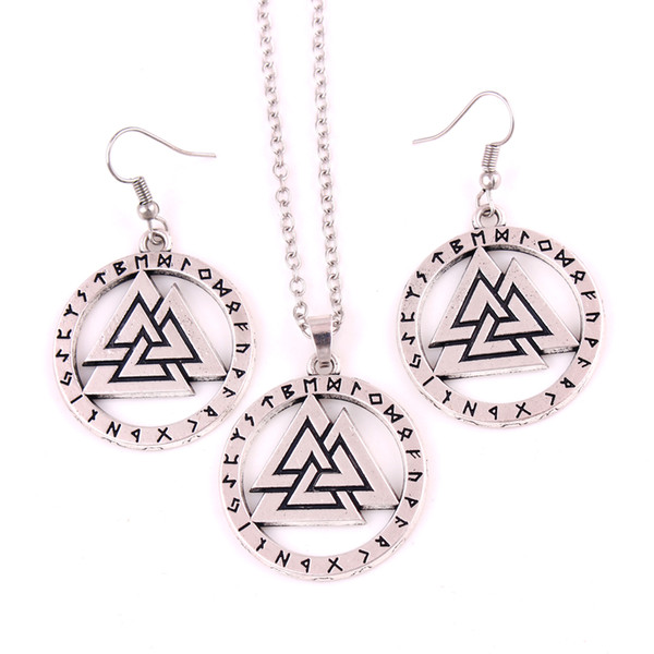 Jewelry Set For Women Nordic Vikings Rune Amulet Odin's Knot Valknut Odin 's Symbol Of Norse Viking Warrior Necklace Earring Set