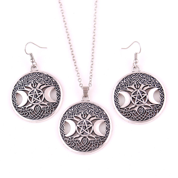 Gold Triple Moon Goddess Wicca Pentagram Magic Amulet Pendant Women Tree Of Life Moon Necklaces Earring Set Jewelry