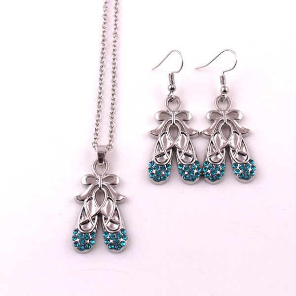 Woman Jewelry Set Fashion Rhodium Plated With Crystal Ballet Shoes Pendant Necklace Earring Set Jewelrys Dropping Shipping