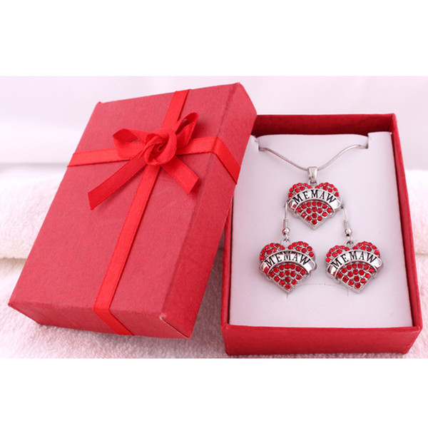 Shiny Rhinestone Crystal Inlaid Heart-Shaped MEMAW Pendant Necklace Earring Set Jewelry With Pack The Gift Box