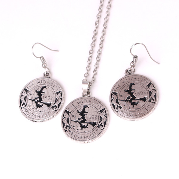 WITCH Pendant Magick Amulet Salem Moon Cat Broom Pendant Necklace Earring Set Jewelry