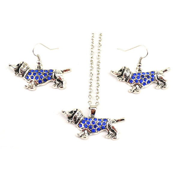 Dachshund Cute Dog Animal Charm Pendant Link Chain Studded With Crystals Rhinestone Necklace Earring Set Jewelry