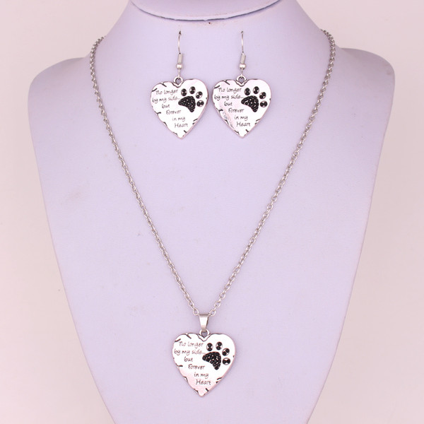 Trendy Woman Jewelry Set No Longer By My Side But Forever In My Heart Pet Lover Crystal Heart Paw Print Pendant Necklace Earring Set