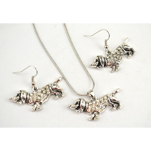 Antique Silver Plated Zinc Dachshund Cute Dog Animal Charm Pendant Snake Chain Studded With Crystals Stone Necklace Earring Set