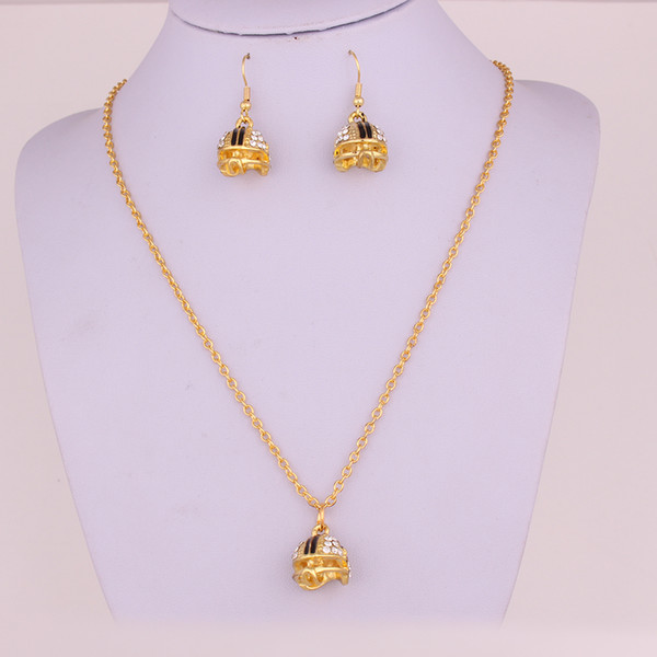 High Grade Gold Color Helmet Shape With Crystals Black Enamel Charm Pendant Earring Necklace Set Provide Drop Shipping