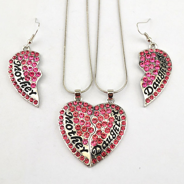 New Arrival Rhodium Plated Zinc Studded With Sparkling Crystals Heart MOTHER And DAUGHTER Charm Pendant Necklace Earring Set