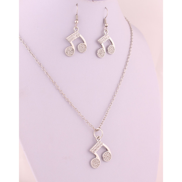 Hot Earrings And Necklace Music Musical Note Symbols Studded With Shiny Clear Crystal Charm Pendent Jewelry Set